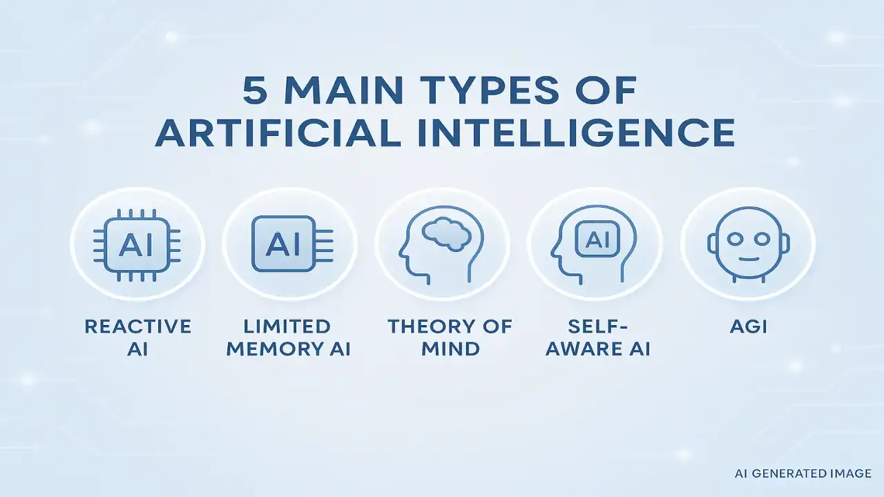 Illustration showing the 5 main types of artificial intelligence with examples, including reactive AI, limited memory AI, theory of mind, self-aware AI, and AGI, displayed with simple icons on a light blue background.