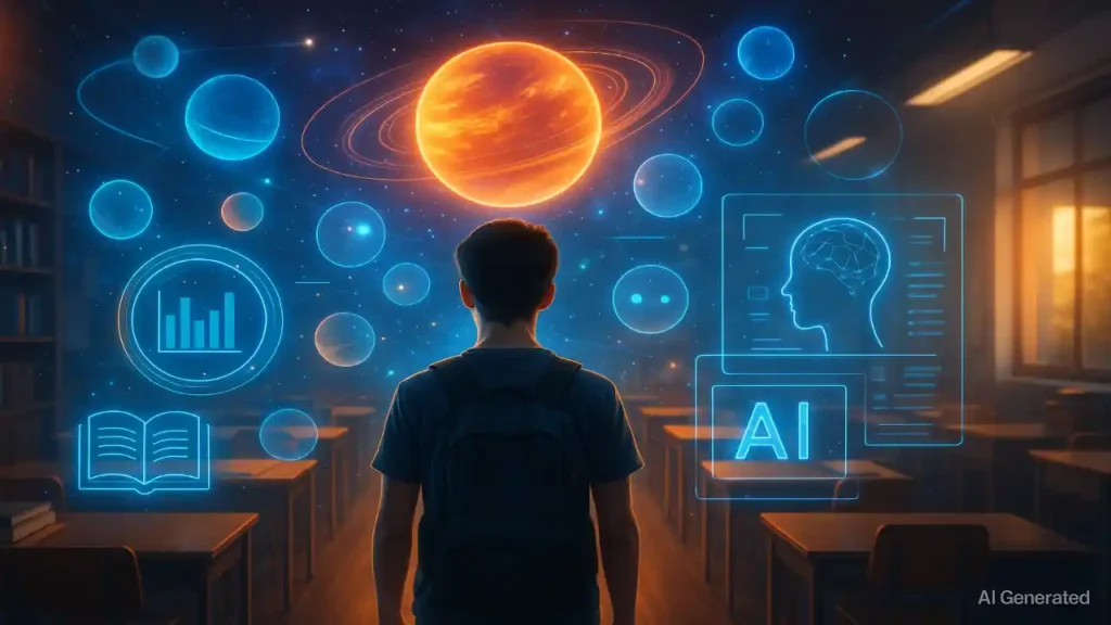Futuristic smart classroom showing a student surrounded by glowing holograms, AI learning icons, digital screens, and VR-style education elements with warm and cool neon lighting.