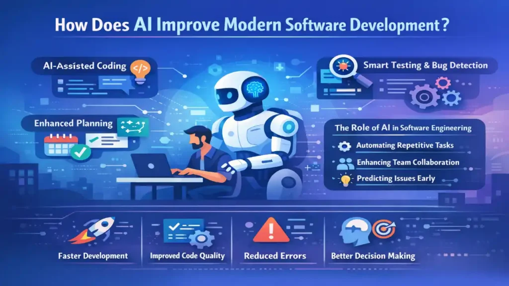 AI improving modern software development with assisted coding, automated testing, smarter planning, and better decision-making.