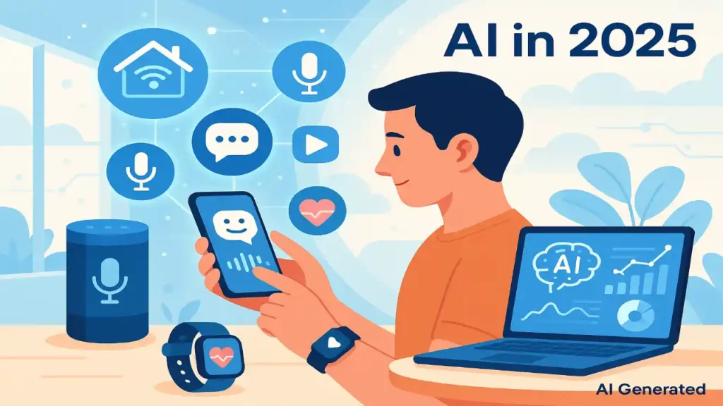 Person using smartphone and wearable devices with AI icons showing AI impact in daily life in 2025