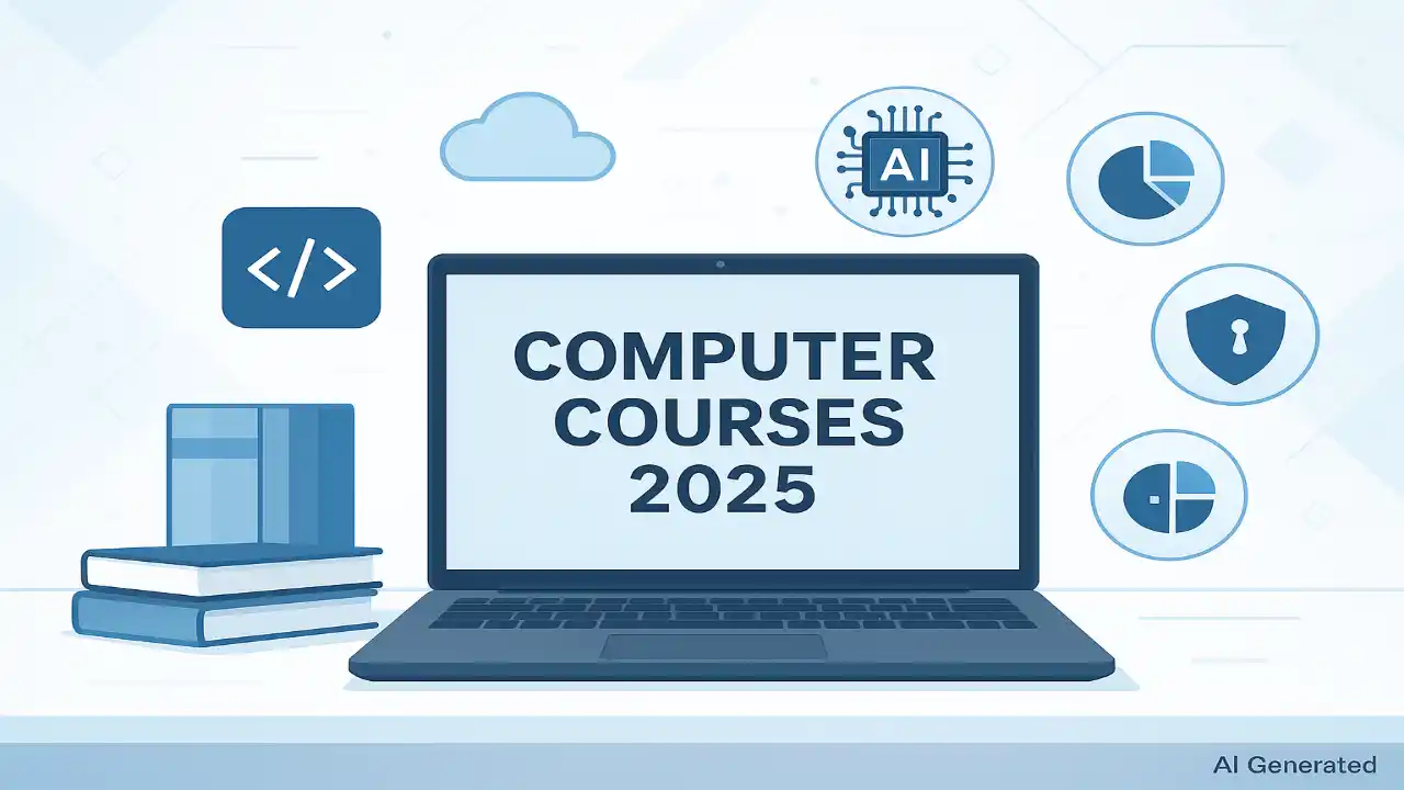 Illustration of a laptop displaying ‘Computer Courses 2025’ surrounded by icons of AI, coding, cybersecurity, cloud computing, and books representing different types of computer courses.