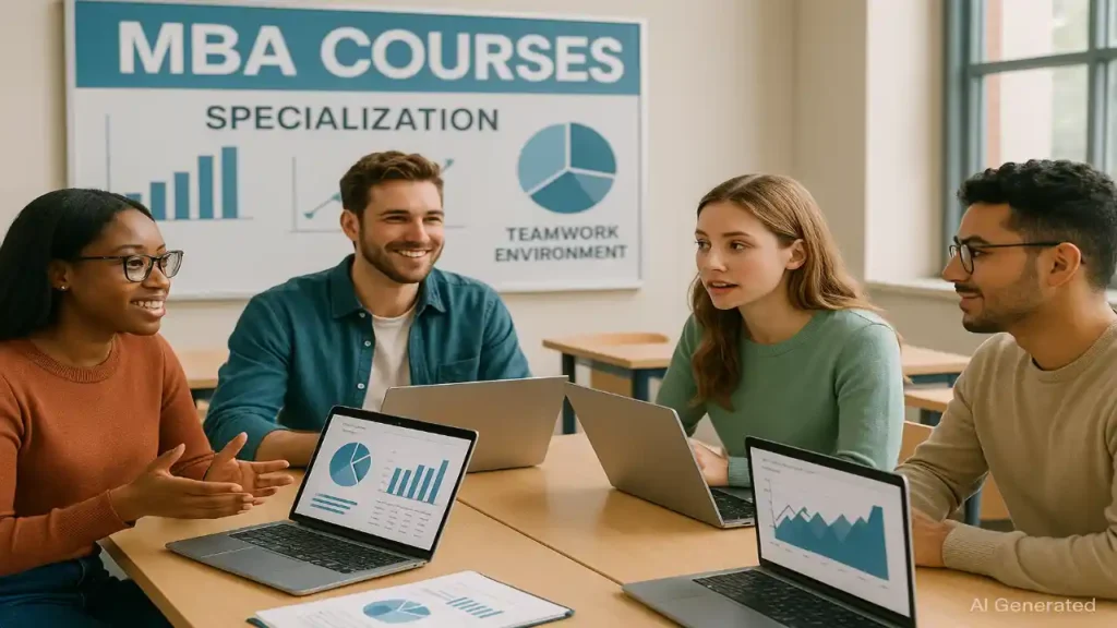 Students in a classroom discussing MBA courses, specializations, and electives in a modern business setting.