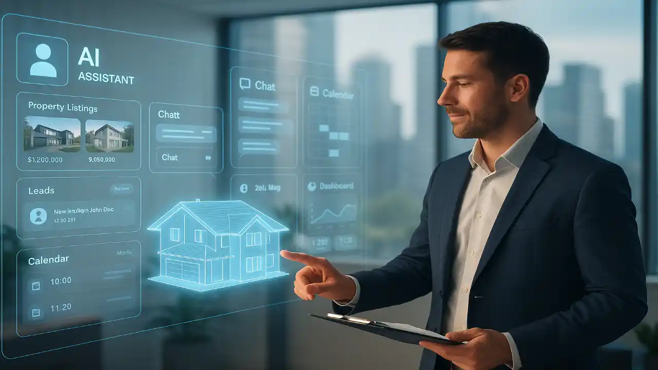 AI Agents for Real Estate helping a realtor manage property listings, leads, chat, and scheduling through a smart digital interface