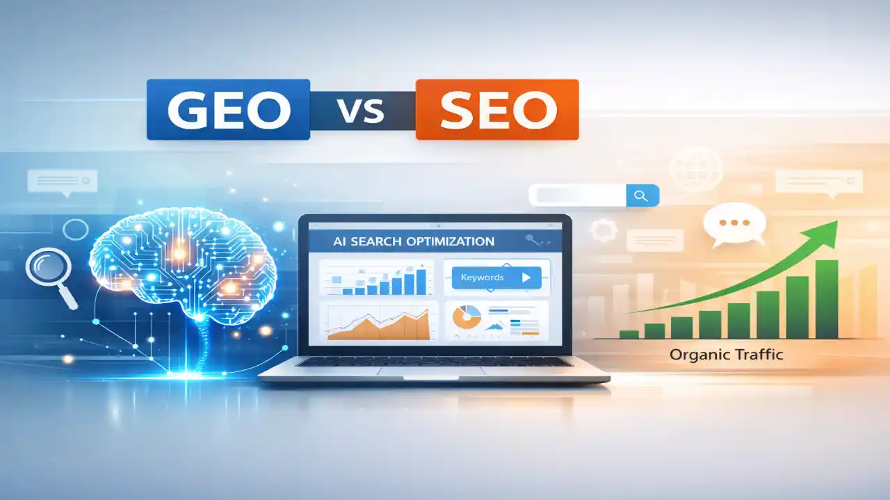 GEO vs SEO showing how AI search optimization tools increase organic traffic