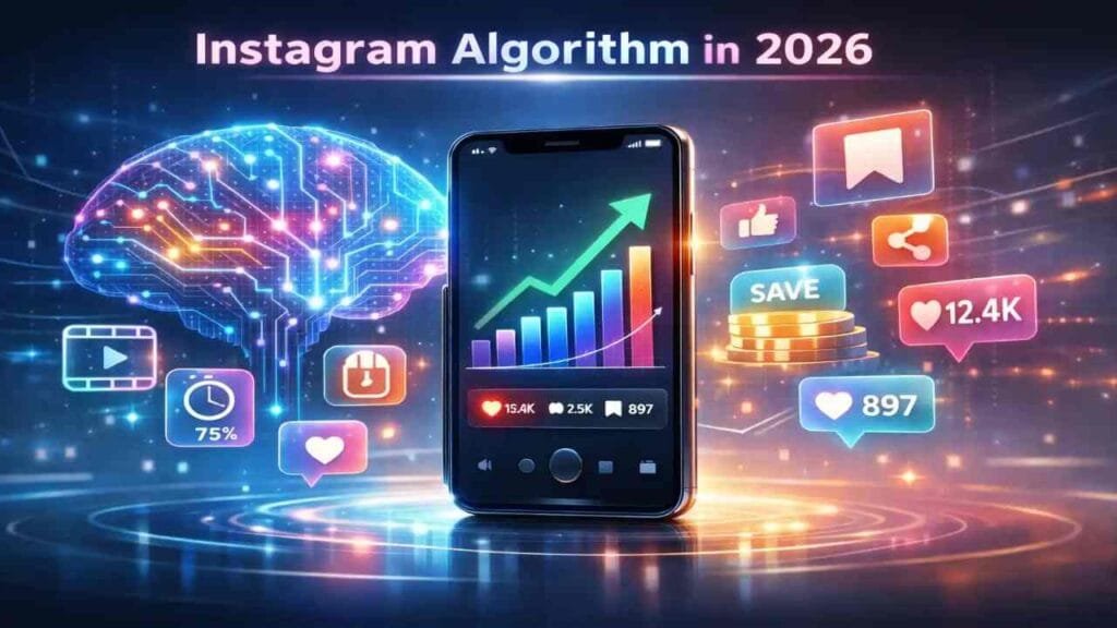 Futuristic illustration showing Instagram Algorithm in 2026 with AI brain, smartphone analytics graph, and engagement metrics like saves and shares